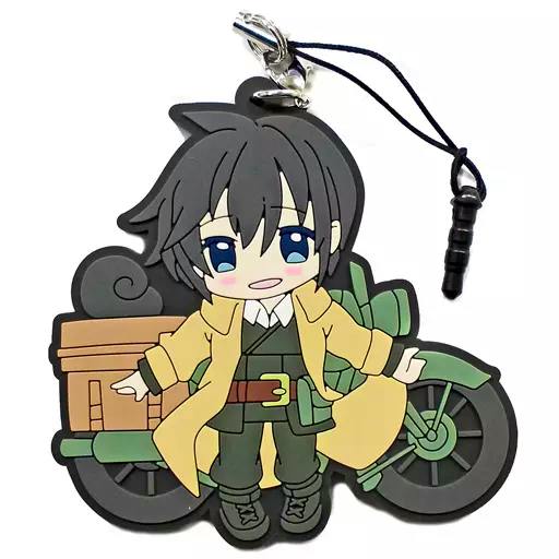 Rubber trading strap keychain depicting Kino (Kino no Tabi) in chibi style with a motorcycle and an attached black cord strap.