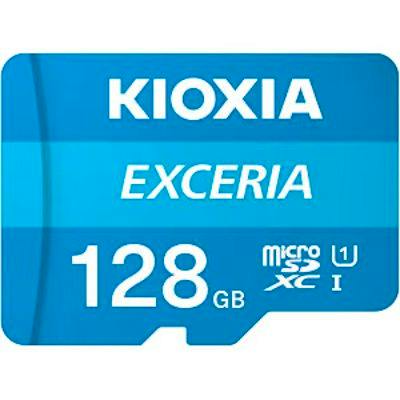 Front view of a blue KIOXIA Exceria 128GB microSD card showing capacity and microSDXC and UHS-I logos.