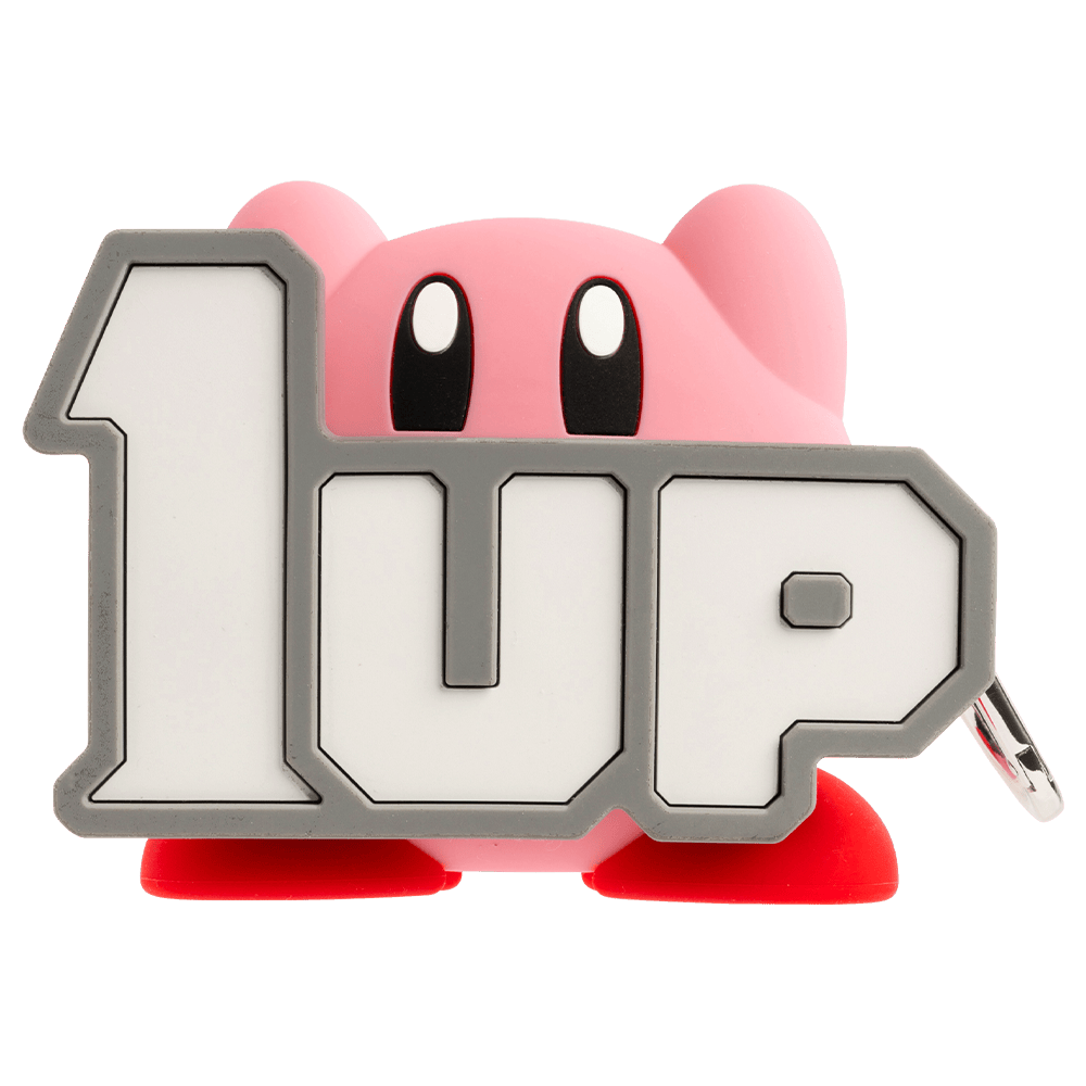 Pink Kirby iFace Figure Type AirPods case showing Kirby peeking over a large "1UP" panel with a metal keyring attached.