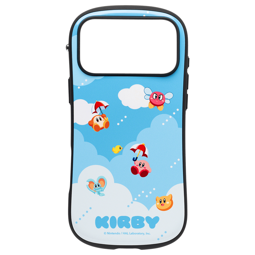 Blue Kirby-themed iFace First Class MagSynq phone case front showing clouds and small Kirby characters.