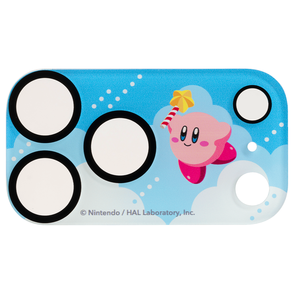 Blue Kirby-themed iFace tempered glass camera lens protector showing multiple circular camera cutouts.