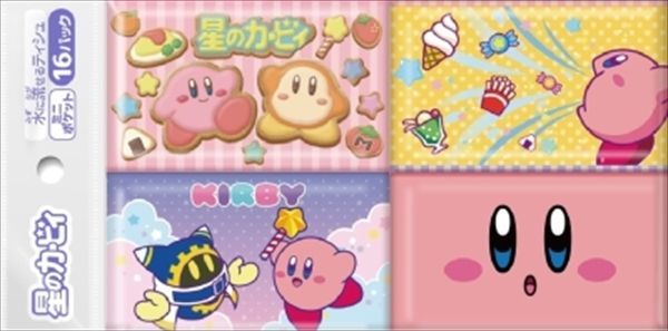 Pack of Kirby mini pocket tissues showing four illustrated wrapper designs with Kirby characters.