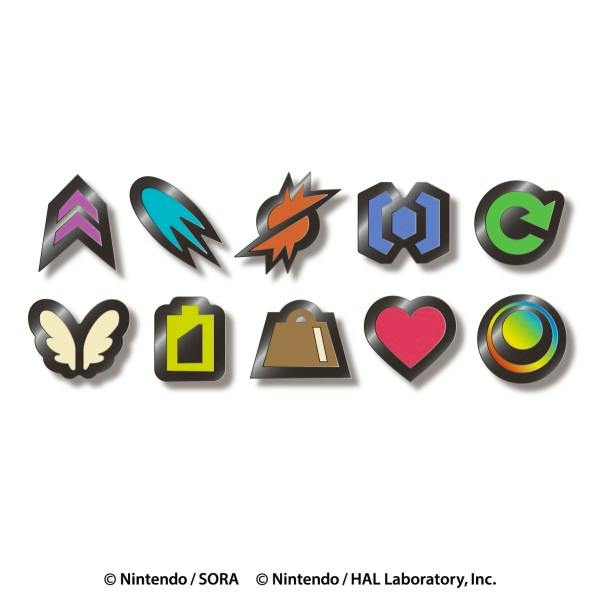 Ten Kirby's Air Ride power-up item pin badges arranged on a white background.