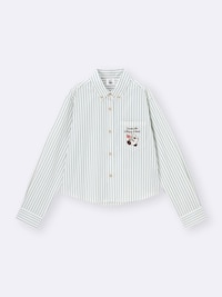 Flat-front view of a women's polyester Kirby shirt with vertical stripes and a chest pocket laid on a white background.