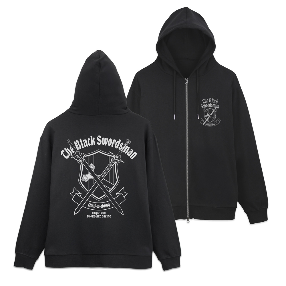 Front and back views of a black zip parka (men's jacket) showing a white 'The Black Swordsmith' crossed-swords print and Kirito "dual-wield" design.
