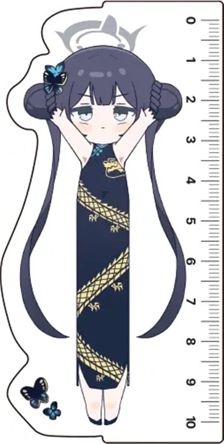 A plastic ruler shaped like an illustrated character with a printed centimeter scale along the right edge.