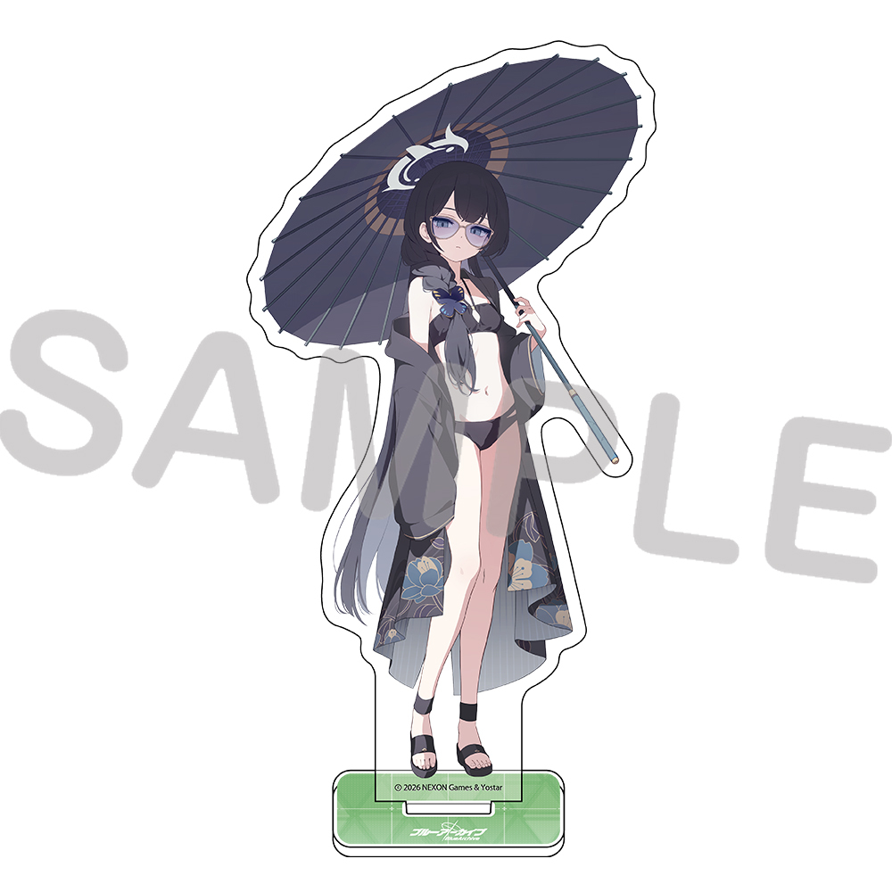 Acrylic stand of the Kisaki character in a swimsuit holding a parasol, shown attached to its display base.