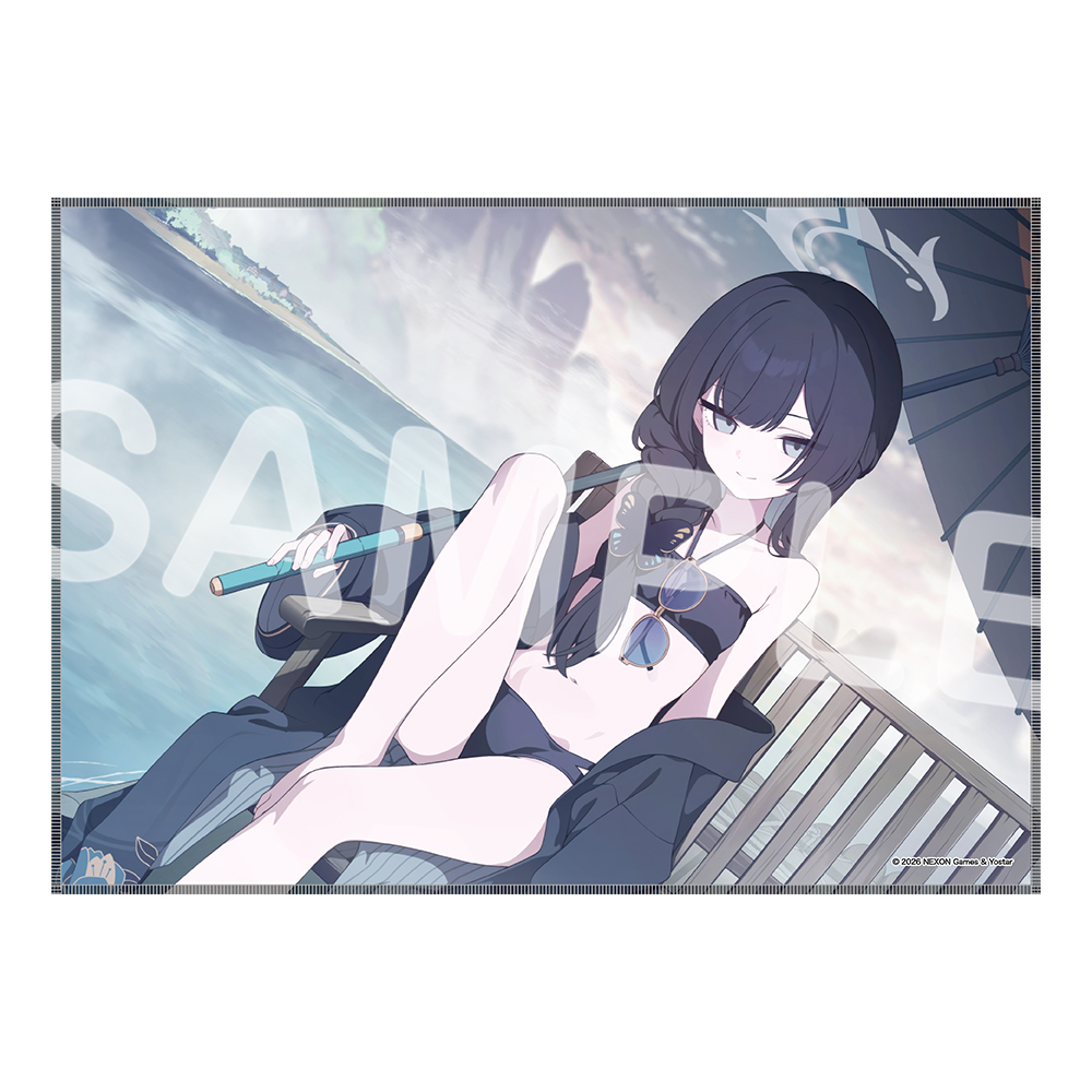 Microfiber cloth printed with an illustration of a character in a swimsuit sitting on a bench by the water.