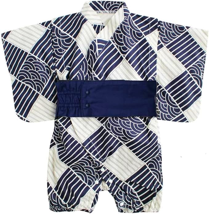 Front view of a Japanese-style baby romper with navy geometric print and a dark blue waist sash.