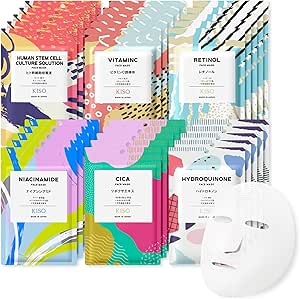Assorted individually packaged colorful sheet mask sachets with an unfolded white sheet mask displayed in front.