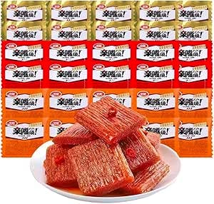 Plate of rectangular spicy strips in front of a stacked display of individually wrapped spicy strips packages.