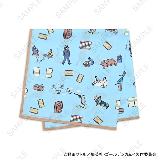 Light-blue cotton bandana shown flat with repeated small illustrations of people and objects on a white background.
