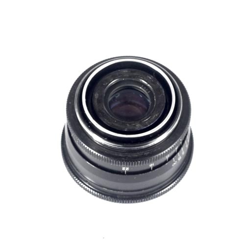 Top-down photo of the modified Leica L39 KMZ Helios-33 35mm F2 lens showing the rear mount and aperture ring.