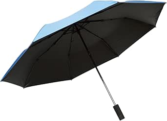An open folding umbrella shown with a black canopy, a light blue outer edge, and its shaft and handle.