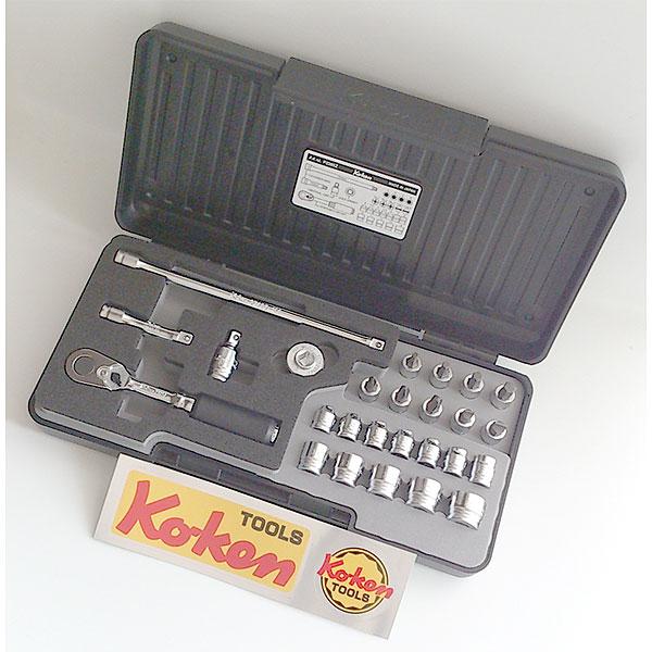 Open case showing a 26-piece 1/4" (6.35mm) Ko-ken Z‑EAL socket set with ratchet, extensions, and sockets.