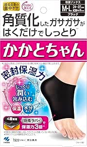 Product packaging showing a black moisturizing heel sock worn on a foot.