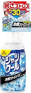 Clear spray bottle of Kobayashi Shirt Cool Strong cooling spray with blue label and Japanese text.