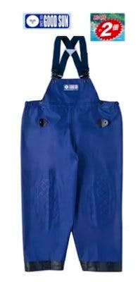 Blue bib-style waterproof pants with black adjustable suspenders and reinforced black cuffs.