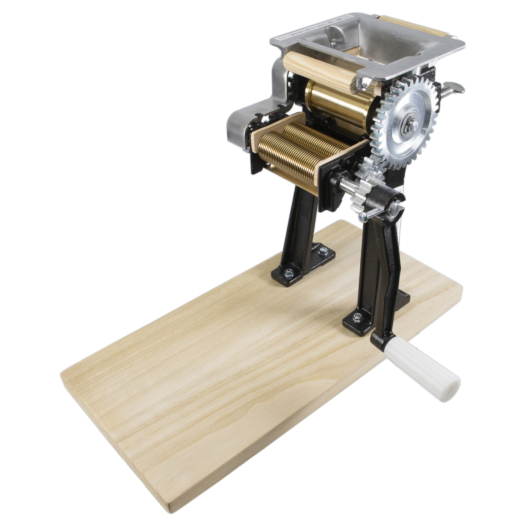 Cast-iron noodle maker (model 1) mounted on a wooden base, showing the hand crank and cutting rollers.