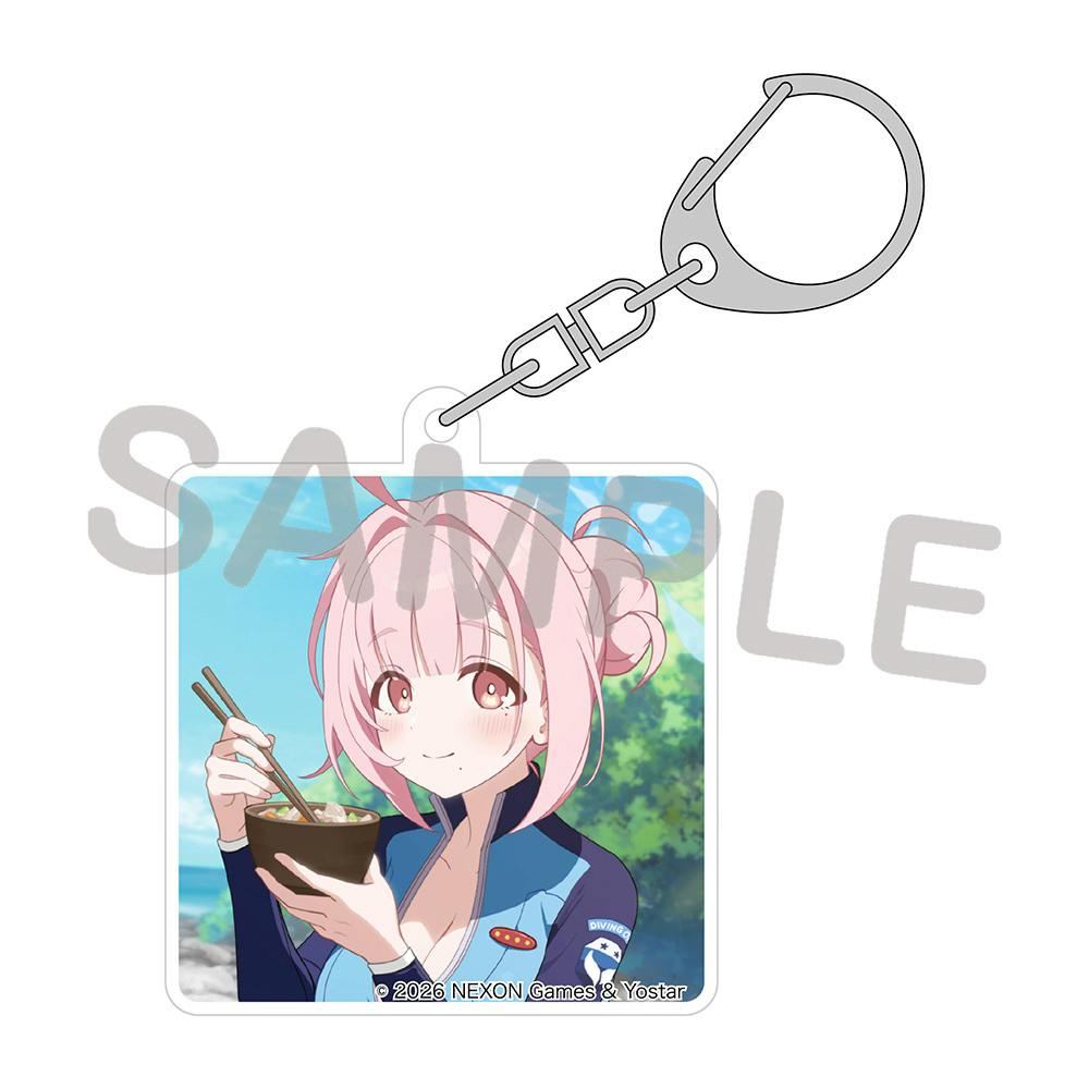 A square acrylic keyholder showing a pink-haired anime girl holding a bowl of food, displayed with its metal keyring.
