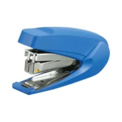 A blue stapler photographed on a white background.