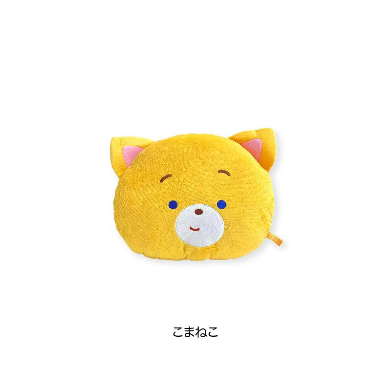 Yellow face cushion plush from the こまねこ series showing a cat face with ears on a white background.