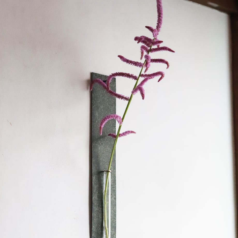 Wall-mounted glass flower vase with a narrow glass tube on a green-blue rectangular backplate holding a single pink flower against a white wall.