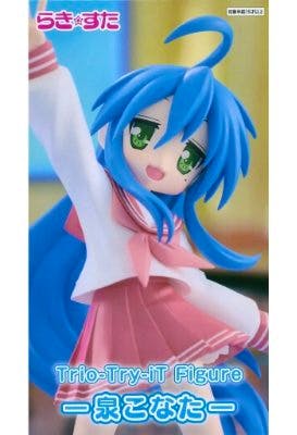 Front close-up photo of the Konata Izumi figure from "Lucky Star" showing blue hair and a pink school uniform.