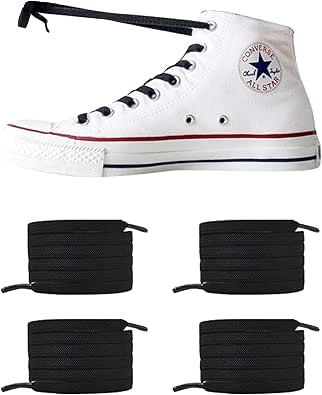 Black elastic no-tie shoelaces threaded in a white high-top sneaker with four coiled sets of black laces shown below.