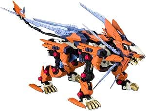 Assembled Kotobukiya HMM ZOIDS RZ-041 Liger Zero Schneider 1/72 scale plastic model in orange and blue posed on a white background.