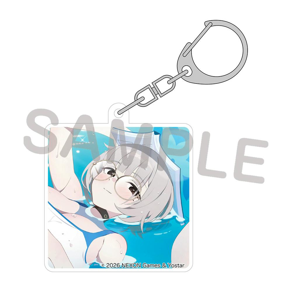 Acrylic keychain (Kotone) showing the character in a blue swimsuit floating in water with an attached metal key ring.