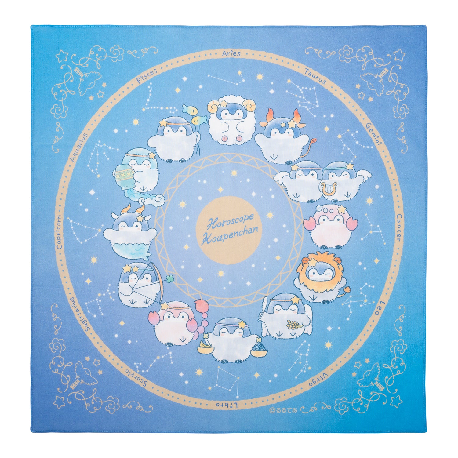 Blue square bandana-style handkerchief printed with Koupen-chan characters arranged in a zodiac/constellation circle with decorative border.