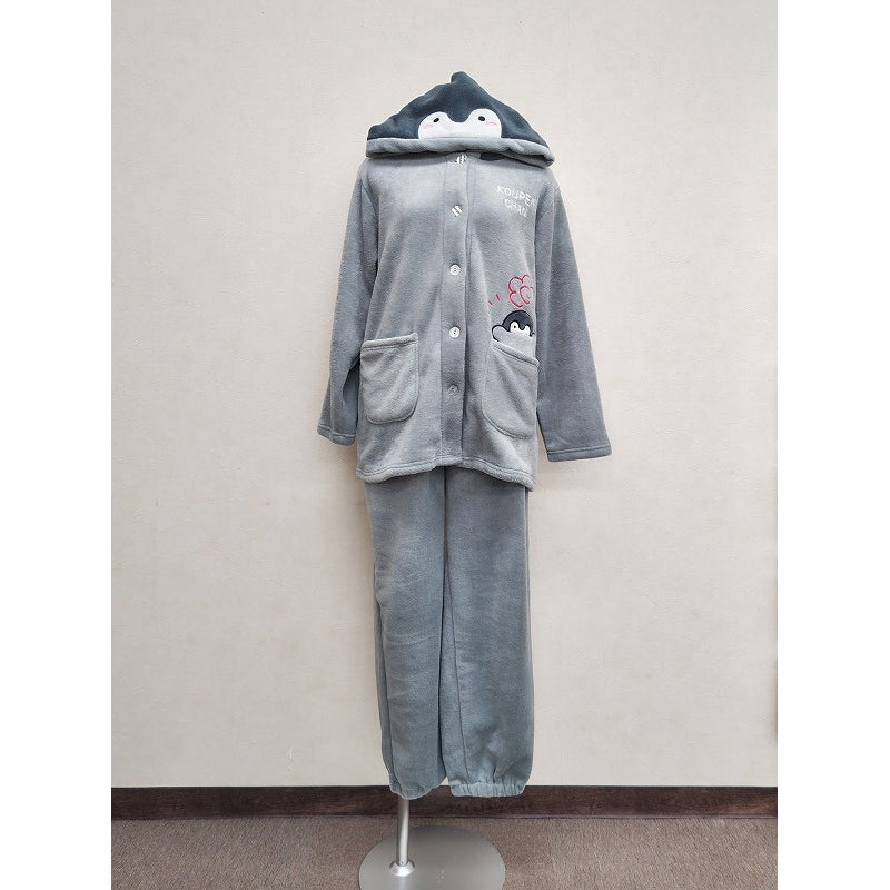 Gray Koupen-chan narikiri women's polyester pajama set with hood featuring a penguin face, button-up top and elastic-hem pants displayed on a mannequin.