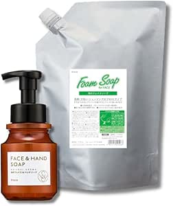 A brown pump bottle labeled "Face & Hand Soap" displayed next to a silver refill pouch of foam soap.