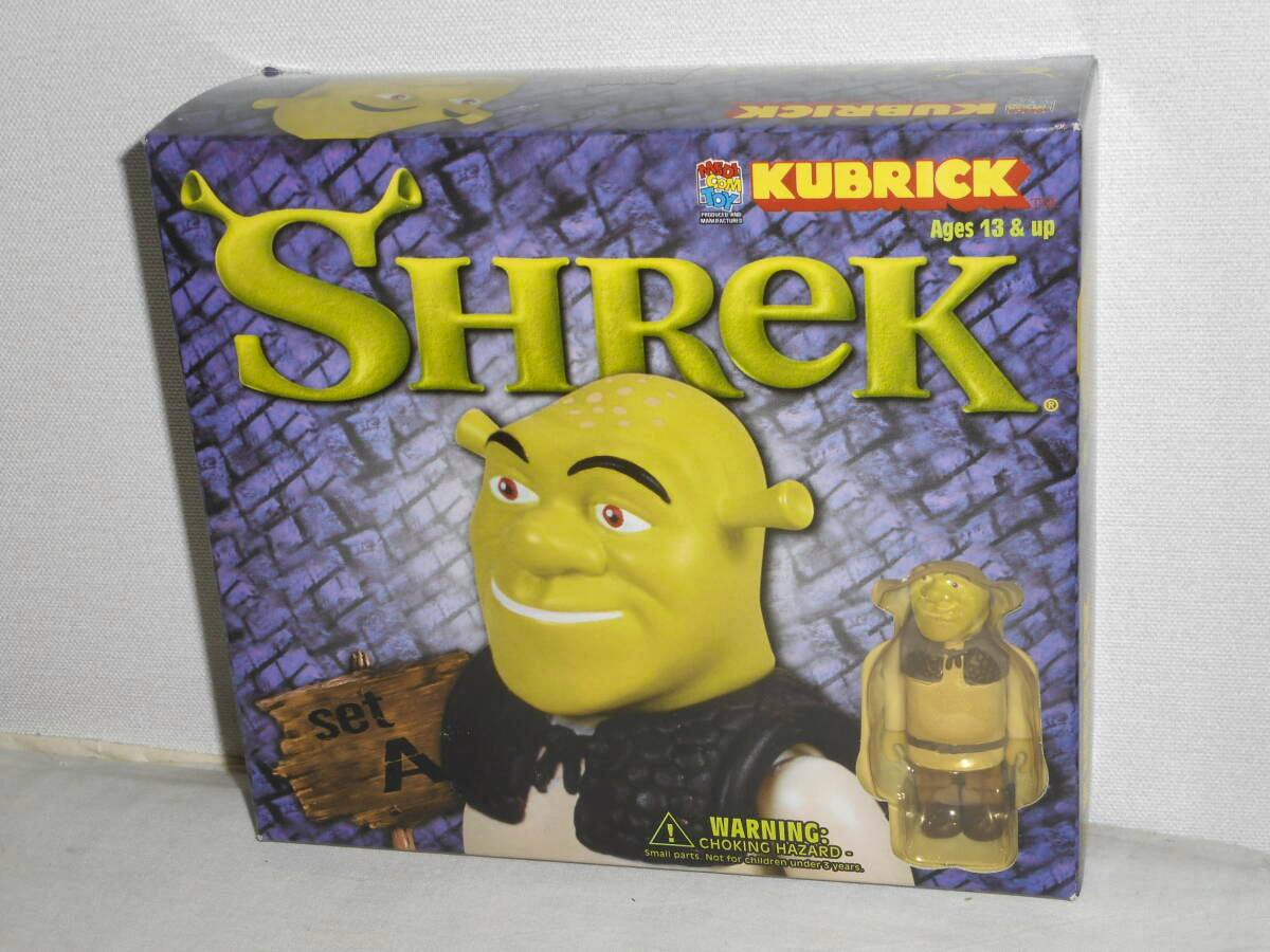 Front of the KUBRICK Shrek Set A boxed figure showing large Shrek artwork and a small blistered Shrek figure visible in the packaging.