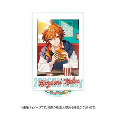 Photo of the acrylic stand depicting Kazami Kuku eating a burger with a drink on its display base.