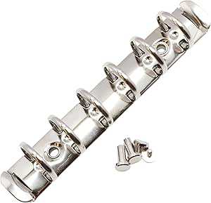 Silver metal mini 6-ring binder mechanism with six holes and two mounting screws on a white background.