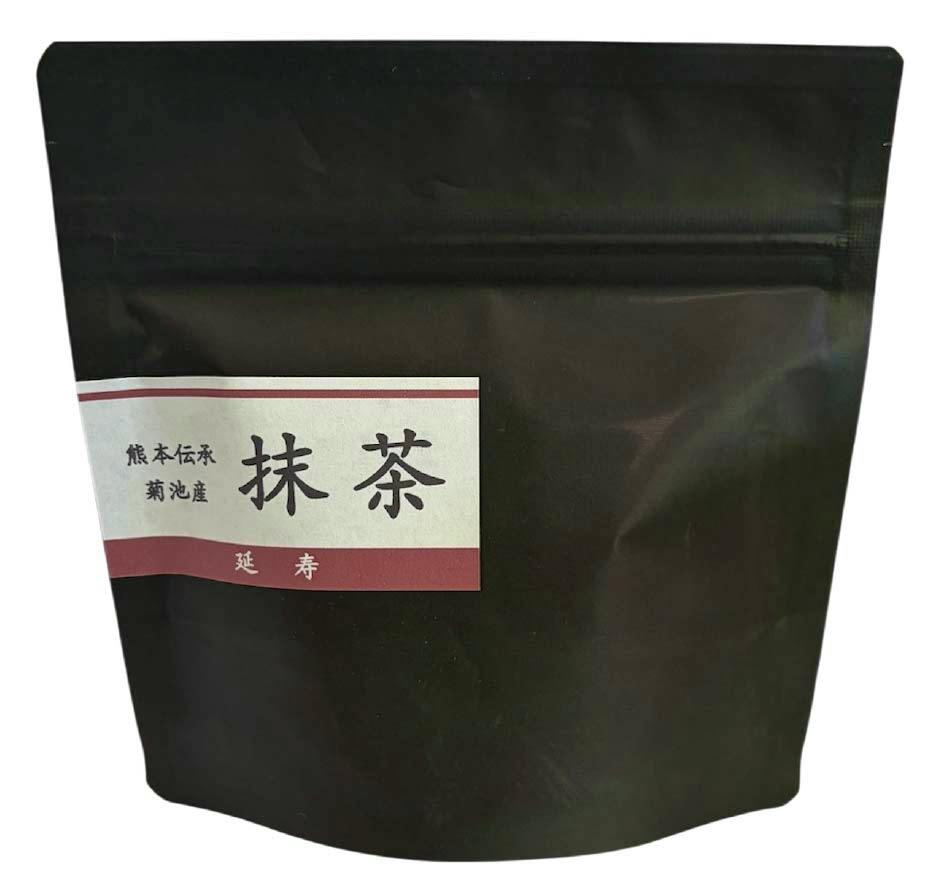 A black resealable pouch labeled with Japanese text reading 抹茶 and 延寿, representing the matcha green tea product.