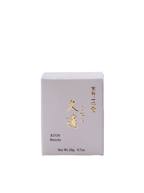 Front view of the boxed matcha product labeled "KUON Matcha" (Net Wt. 20g) on a black background.