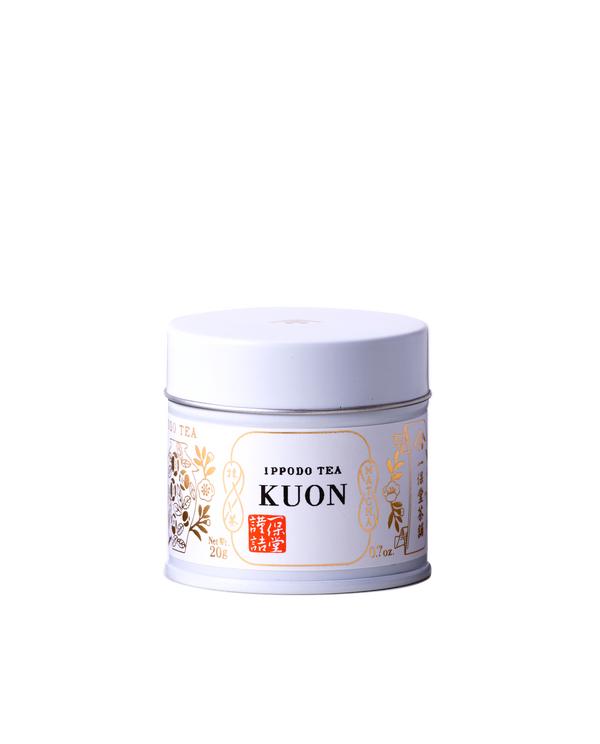 A white can of Kuon 20g matcha green tea shown against a black background.