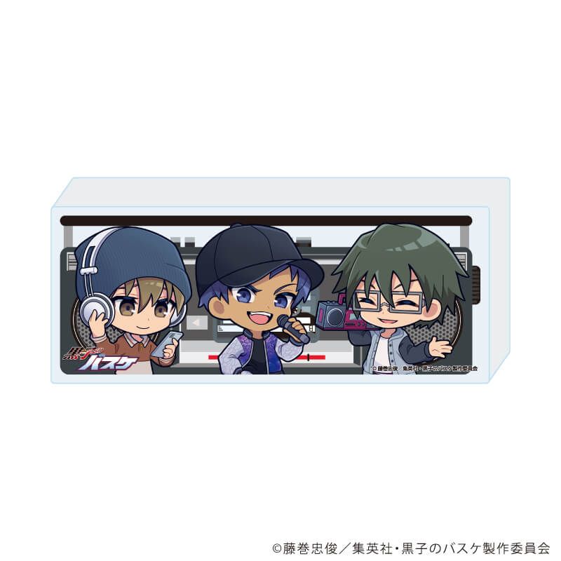Rectangular label artwork showing three chibi hip‑hop–styled characters from Kuroko's Basketball for a plastic collection bottle.