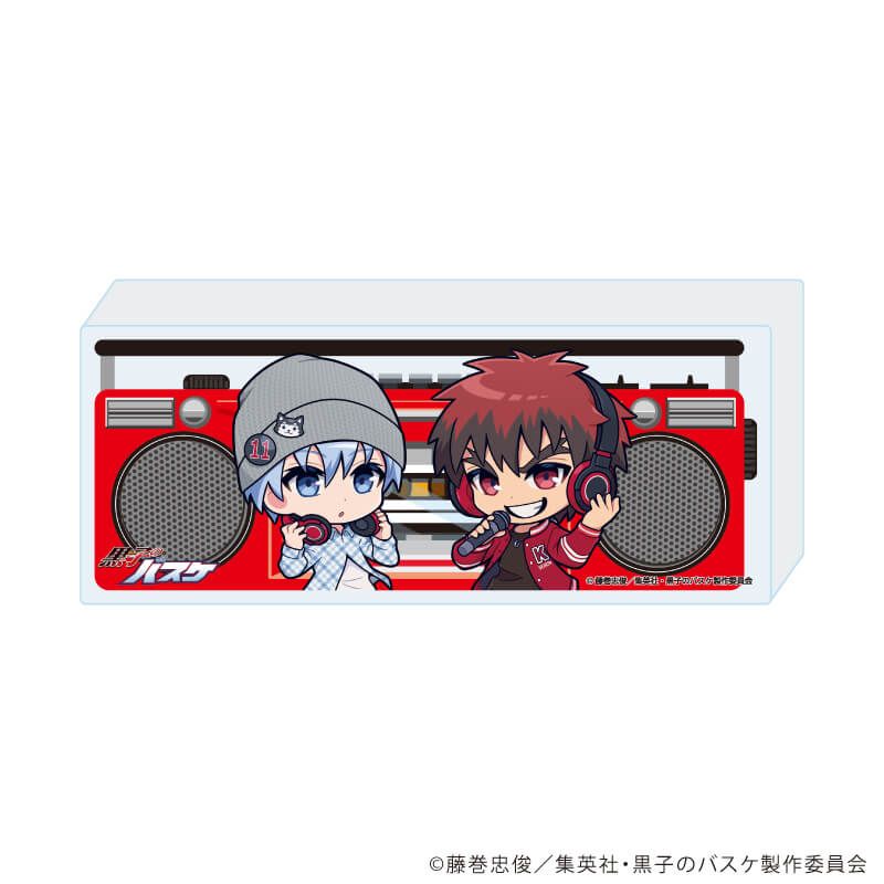 Illustrated design for the plastic collection bottle showing two chibi characters from Kuroko's Basketball posed with a red boombox.
