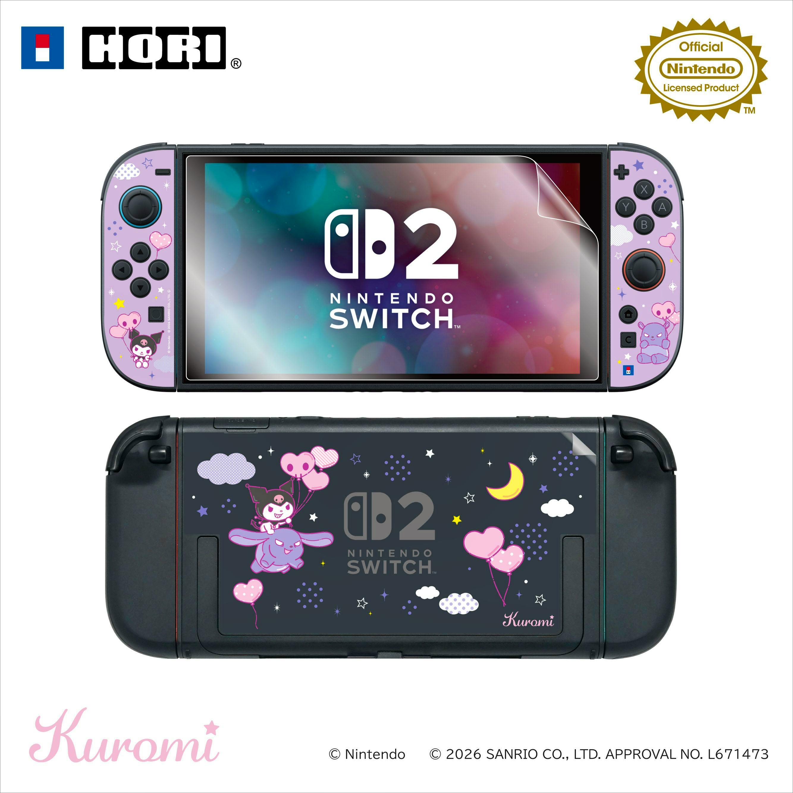 Nintendo Switch 2 front and back showing purple Kuromi-themed paper sticker decorations applied to the console and Joy‑Con.