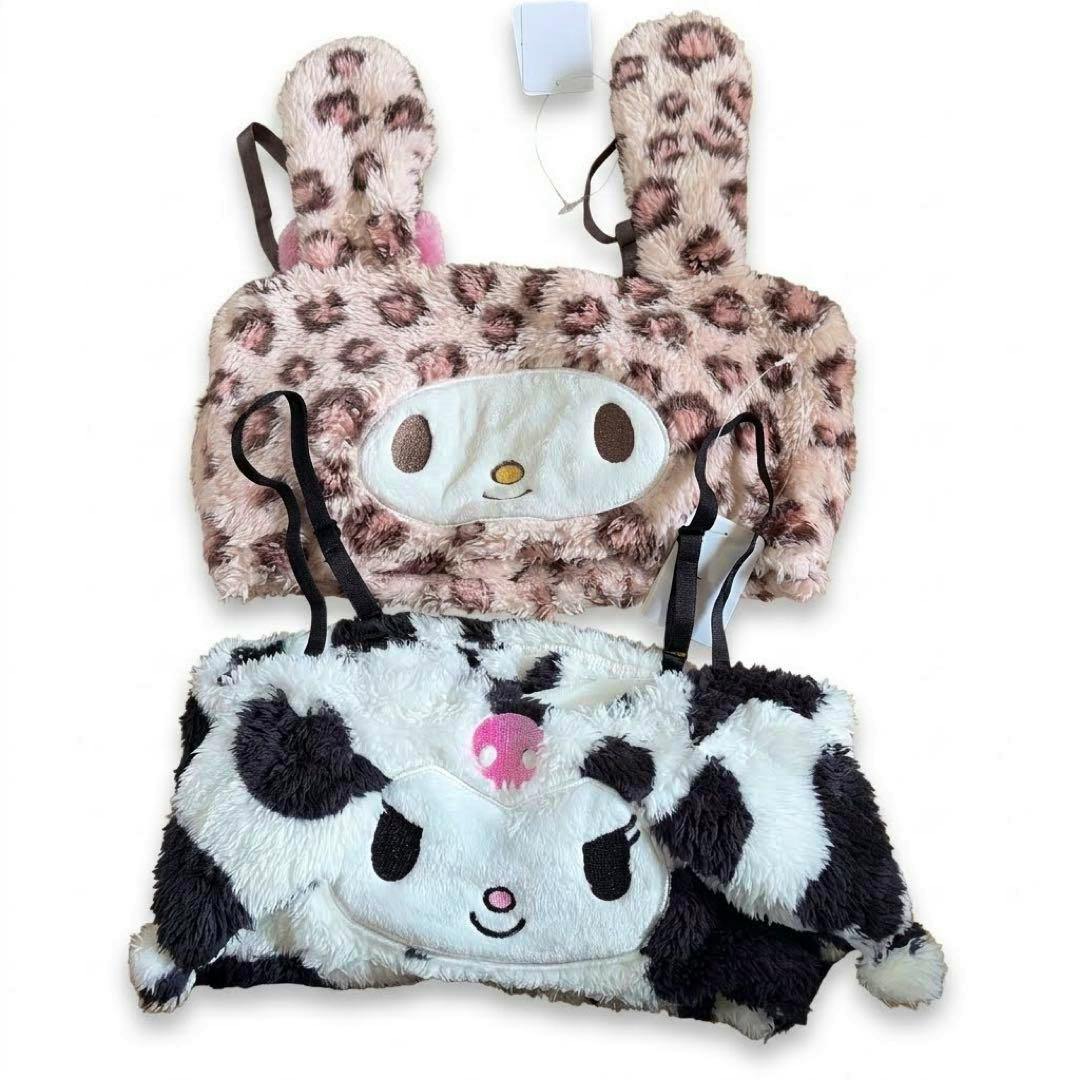 Two plush half-top bras featuring Kuromi (black-and-white) and My Melody (pink) laid flat on a white background.