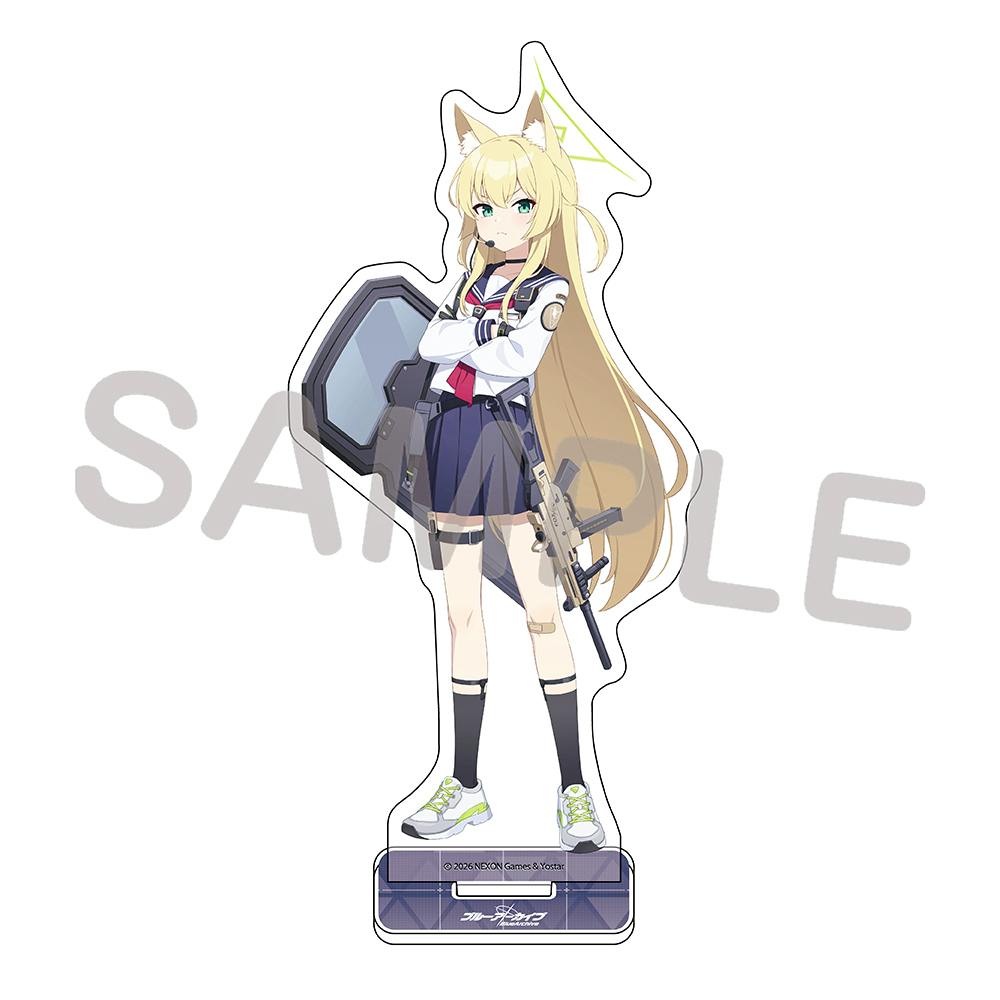 Acrylic stand of Kurumi showing a full-body illustration of a long blonde, animal-eared character in a sailor-style outfit on a rectangular base.