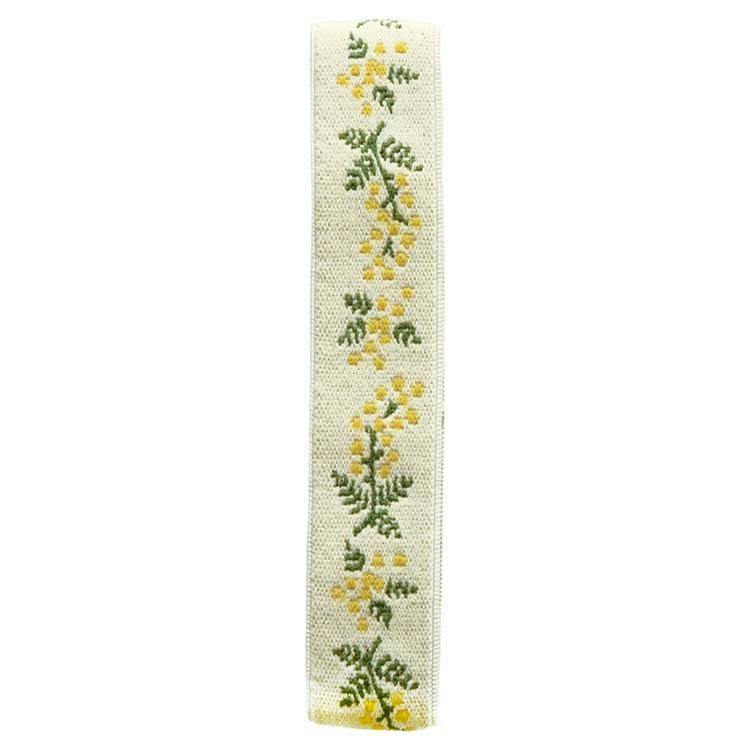 Cream-colored elastic band embroidered with yellow mimosa flowers and green leaves.