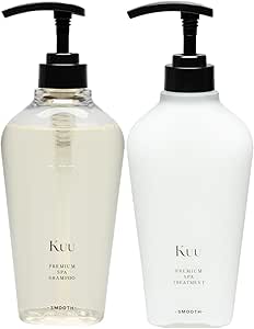 Two pump bottles of Kuu Premium SPA SMOOTH shampoo and treatment (one clear, one white) on a white background.