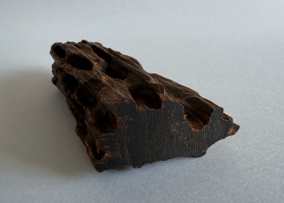 A dark irregular piece of agarwood incense displayed on a white background.