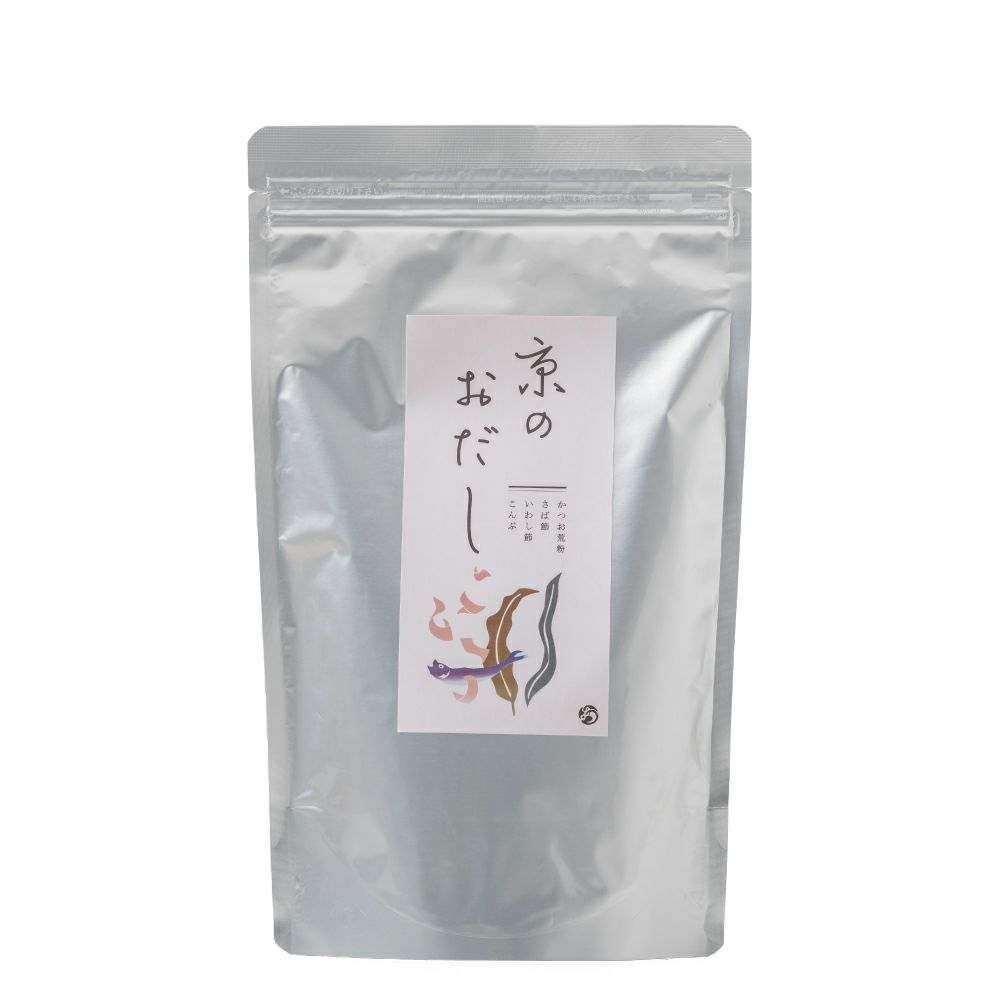 A silver resealable pouch labeled with "京のおだし" representing the dashi product against a white background.