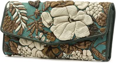 Long cow leather wallet shown closed at an angle with embossed floral appliqué in teal, brown, and cream.